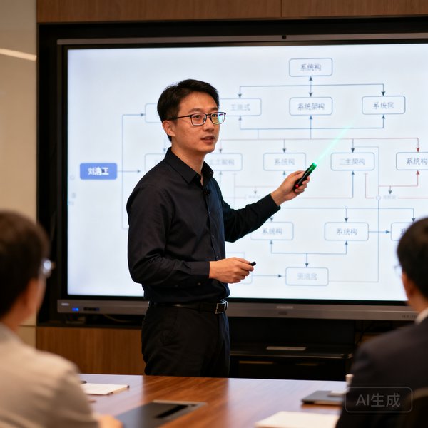 雷速比分网CTO刘浩然的技术会议演讲照片，35岁左右男性，戴着眼镜，正在大屏前讲解系统架构。